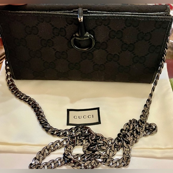 Gucci Black Monogram Chain Shoulder Wallet - Picture 3 of 13